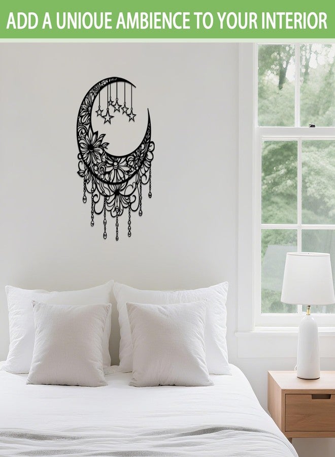 ACOSIY Black Metal Moon Wall Decor Boho Moon Phase Wall Art with Hanging Stars Floral Metal Decoration for Bedroom Living Room Indoor Outdoor - Image 4